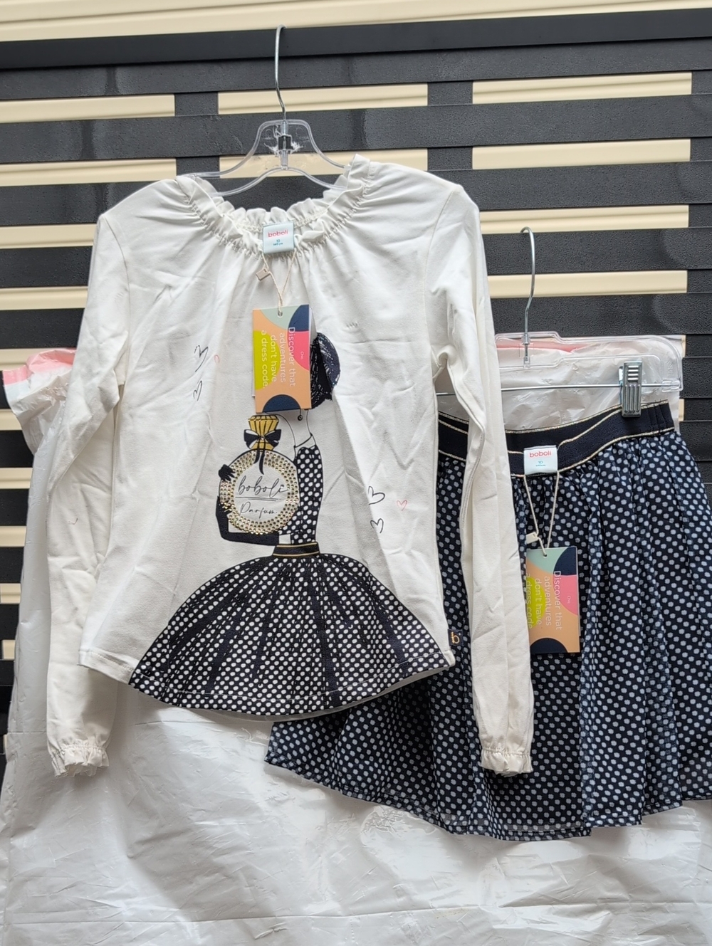 Girls Two-Piece Polka Dot Skirt Set with Perfume Graphic - White & Navy